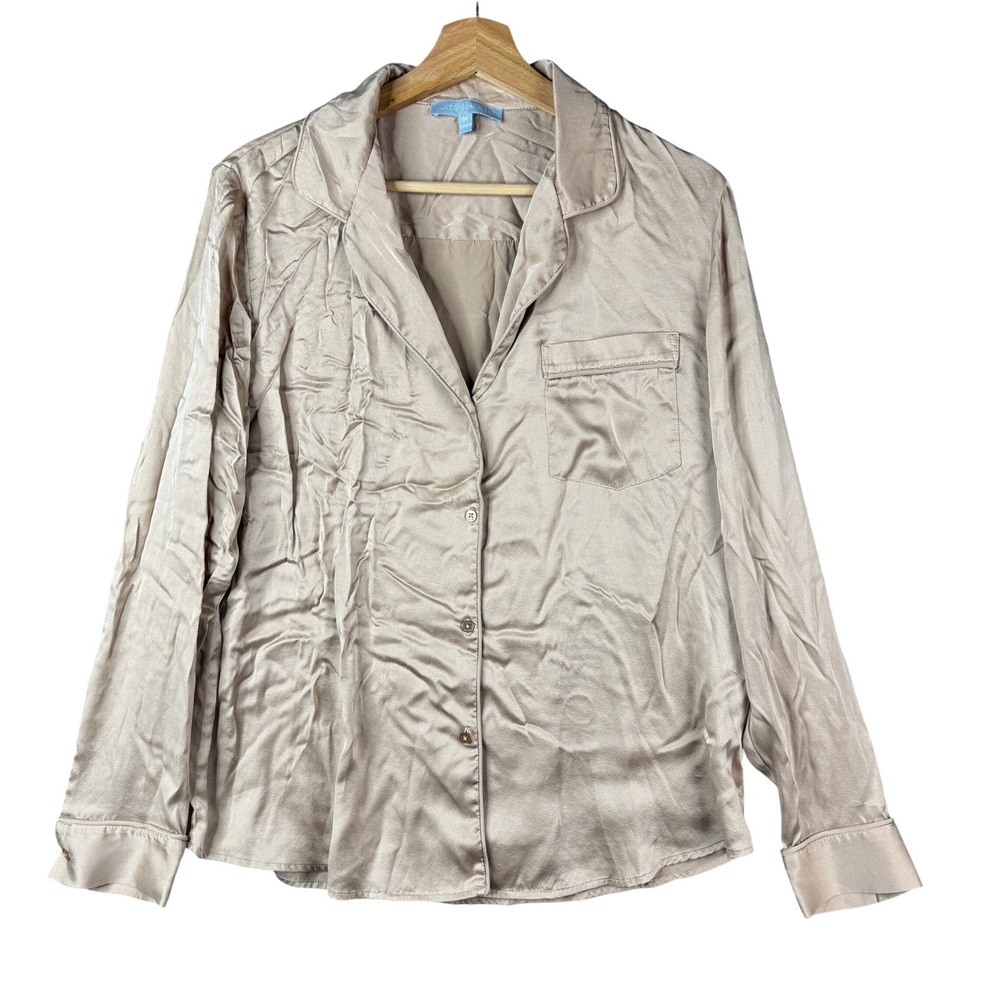 Antonio Melani Silk Blend Button Down Shirt Champagne Beige Pajama Style Size M